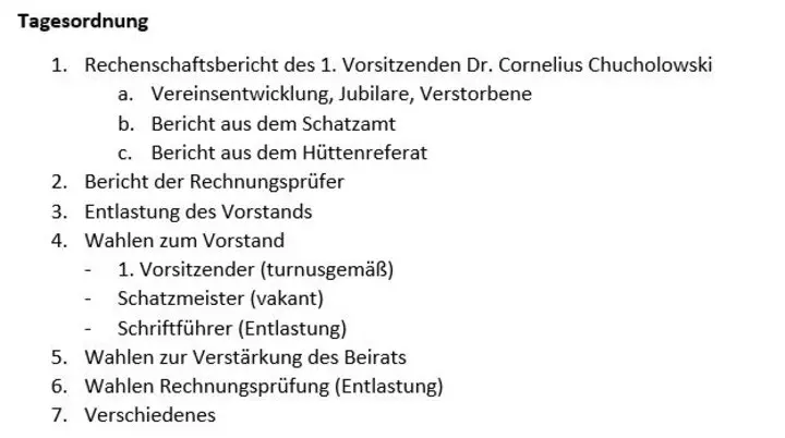 Tagesordnung MV-2025 | © DAV Sektion Königsberg, Foto Cornelius Chucholowski